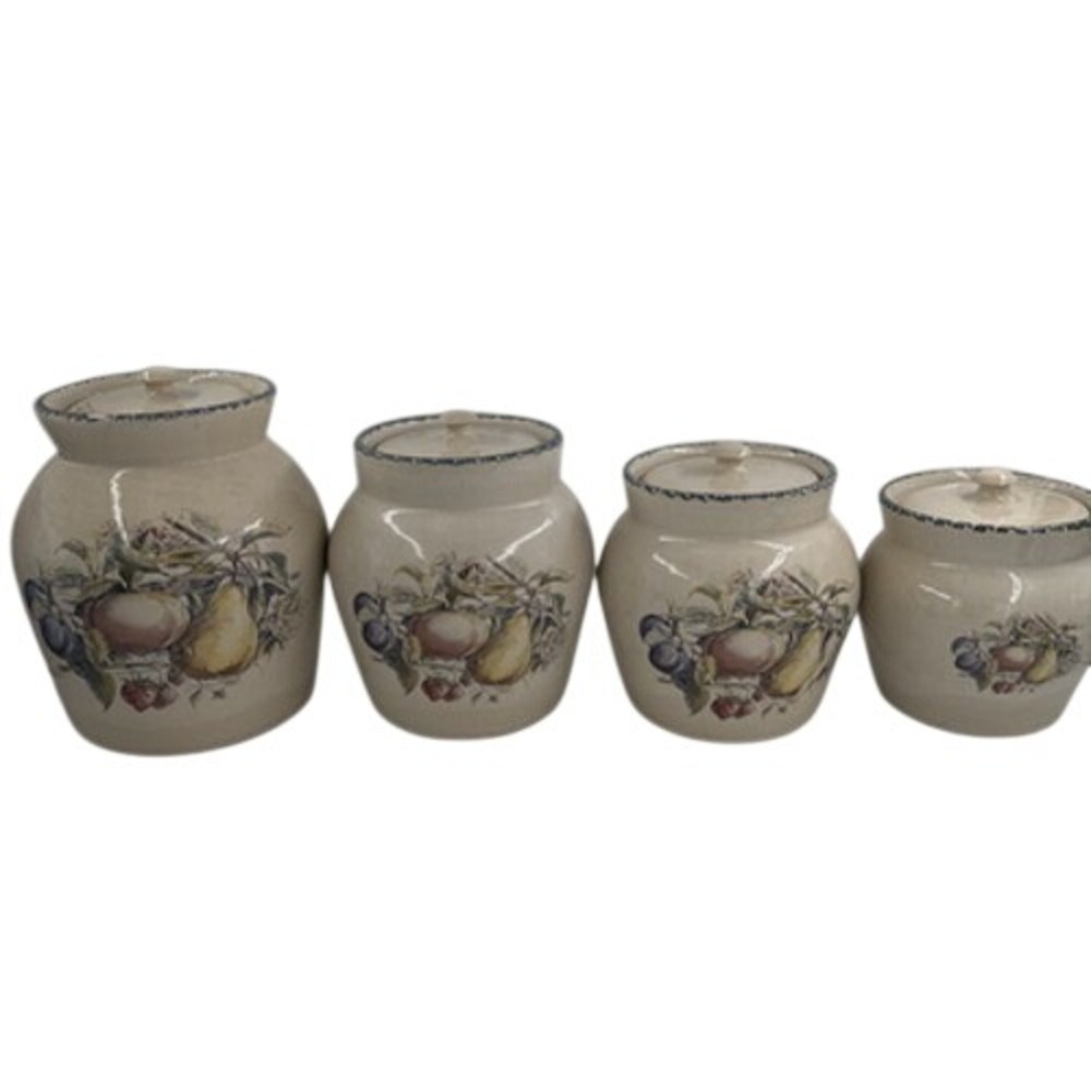 Canister Set 4 Pc Hand Painted Fruit Ceramic Kitchen Jars w/Lids Farmhouse VTG